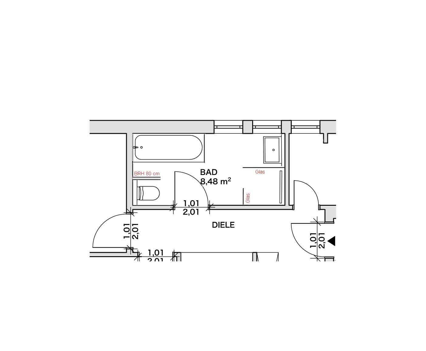Floor plan of a bathroom with bathtub, toilet, shower and hallway connection