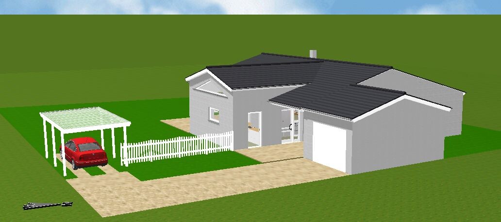 Modernes Einfamilienhaus mit Garage, Carport und gepflasterter Zufahrt auf grünem Grundstück.