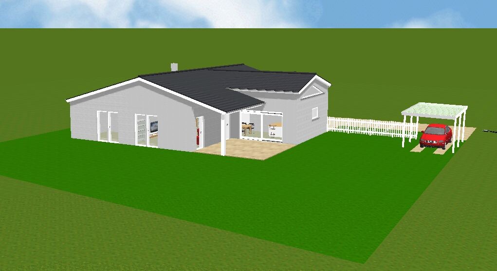 Modernes, einstöckiges Haus mit Terrasse, Carport, rotem Auto und grünem Garten.