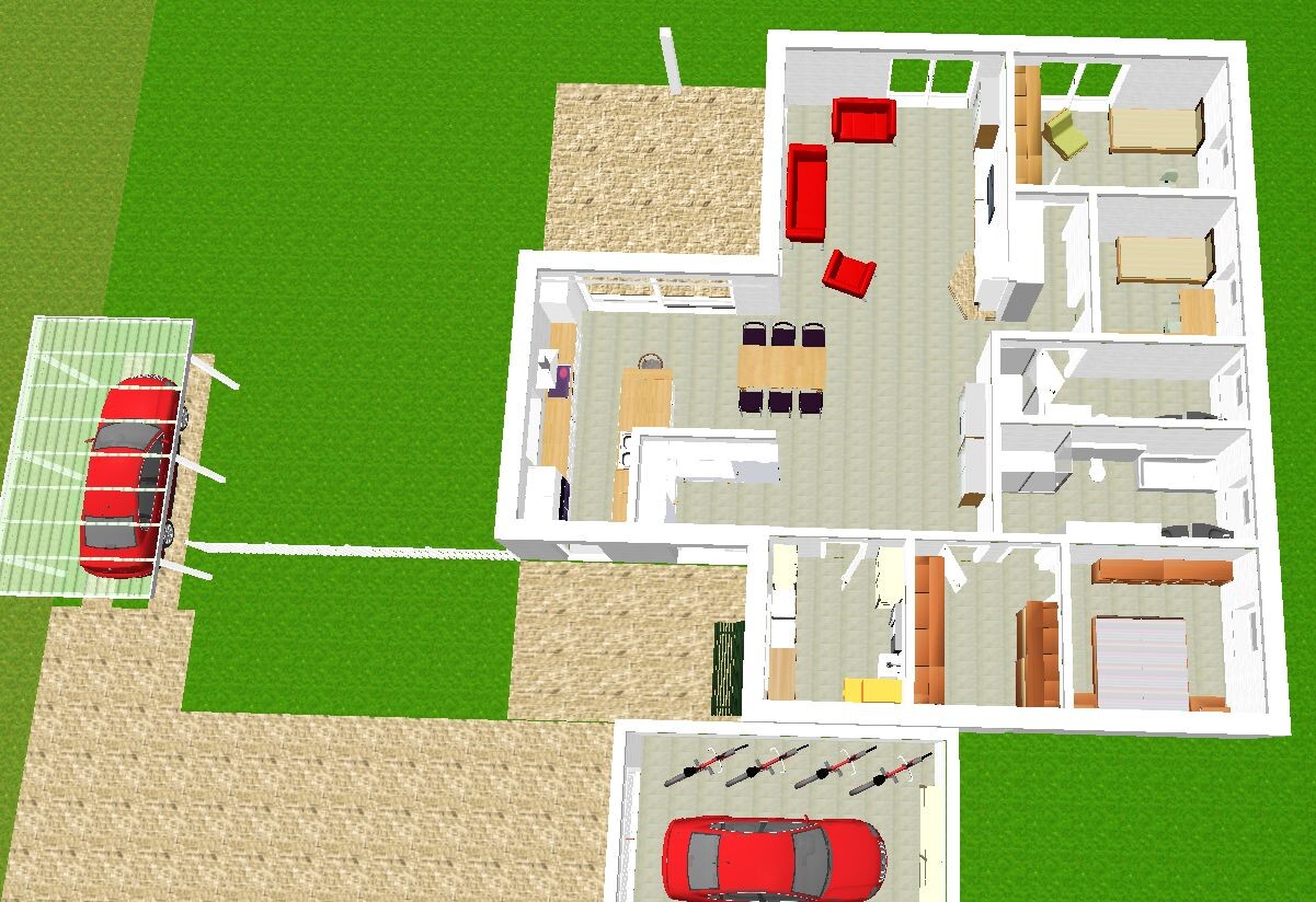 Grundriss: Wohnzimmer, Küche, Essbereich, Schlafzimmer, Bad, Garten, Carport mit Autos.