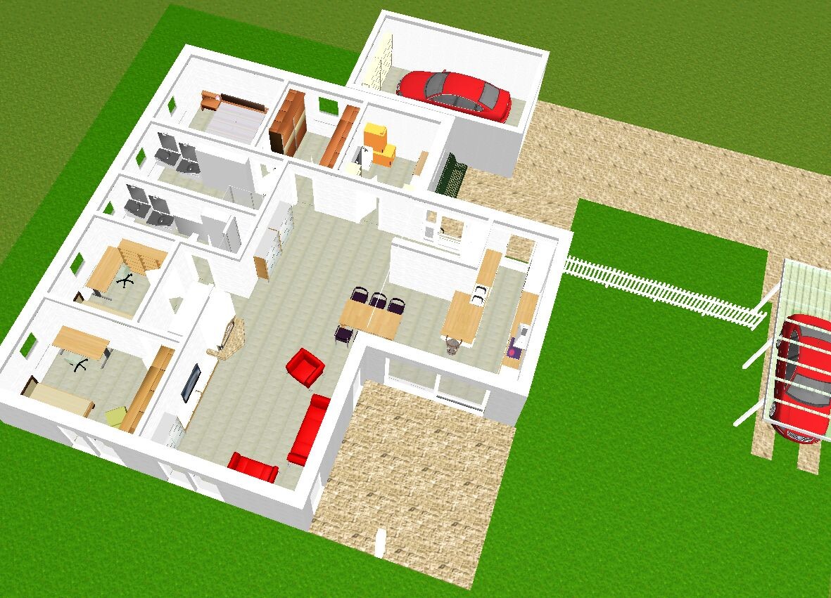Isometrischer Wohnhaus-Plan: Wohnzimmer, Küche, Schlafzimmer, Badezimmer, Garage und Garten.