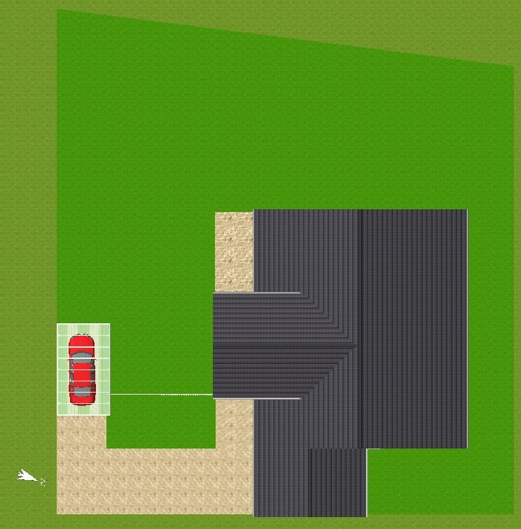 Vogelperspektive: Haus mit dunklem Dach, beigem Zufahrtsweg, roter Wagen, grüne Rasenflächen.
