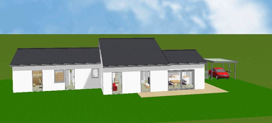3D-Render einer modernen weißen Villa mit Glasfront, Terrasse und Carport mit rotem Auto.