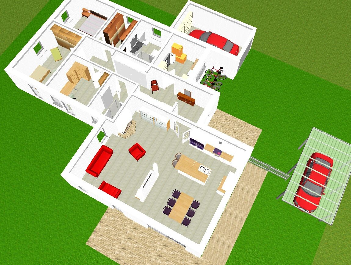 3D-Hausgrundriss: Wohnzimmer, Küche, Essbereich, Schlafzimmer, Bad, Garage mit Autos, Garten.
