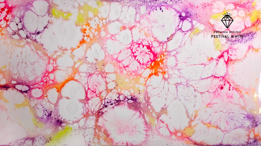 Colorful abstract pattern with circles and drops in pink, yellow and purple.