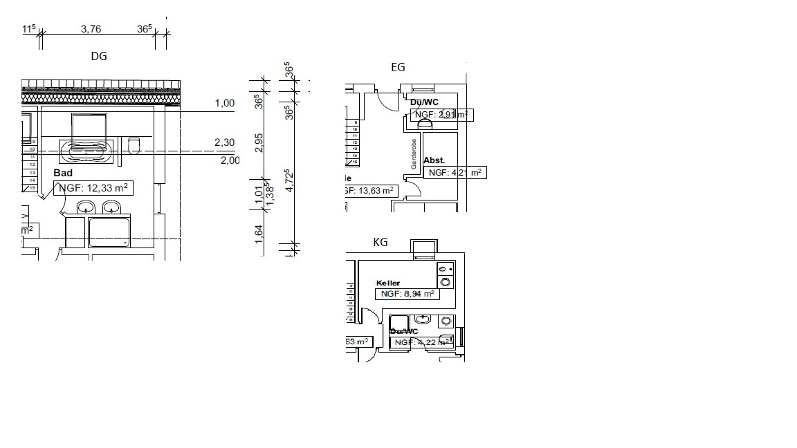 Grundrissplan eines Hauses mit DG, EG und KG, Bad, Du/WC und Keller