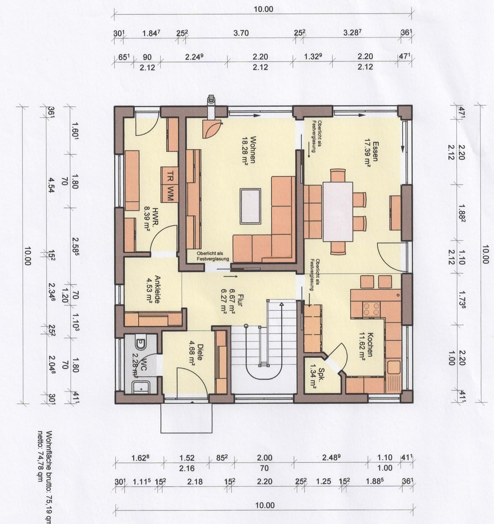 Grundriss eines Wohn- und Essbereichs mit Küche, Flur und Treppenhaus maßstabsgetreu