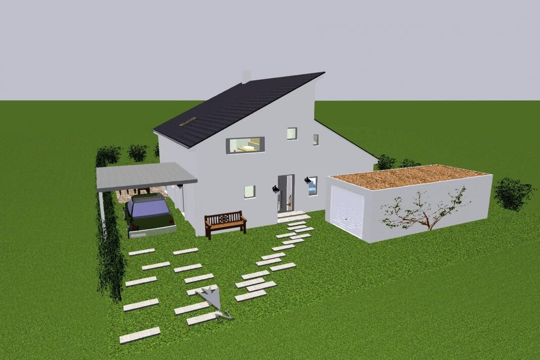 3D-Render eines modernen Einfamilienhauses mit Carport, Garten, Steingartenpfad und Nebengebaeuden