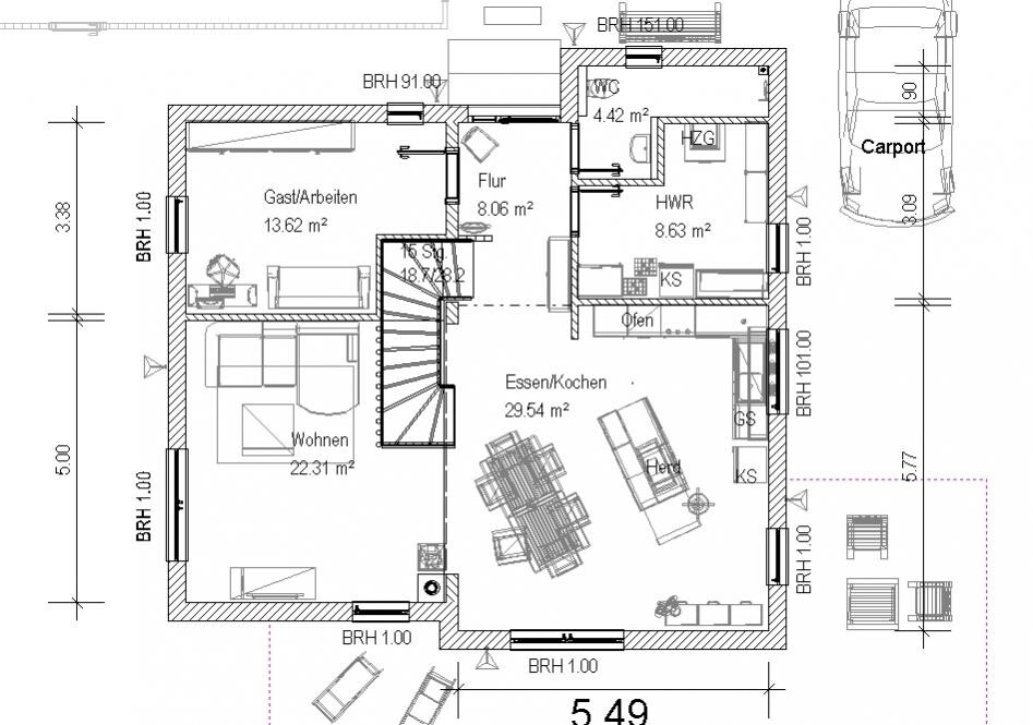 2D-Grundriss eines Hauses mit Wohnzimmer, Essecke, Küche, Flur und Treppen