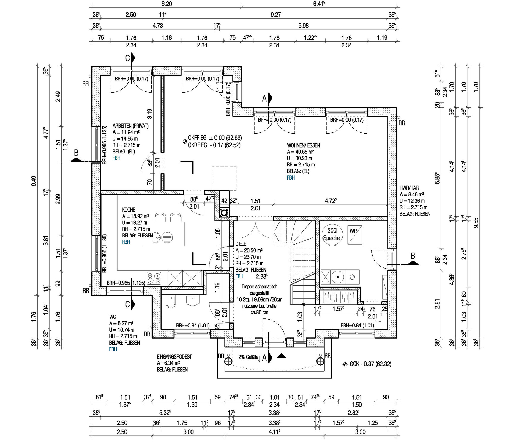 Floor plan of a house with living room, kitchen, hallway, WC and staircase.