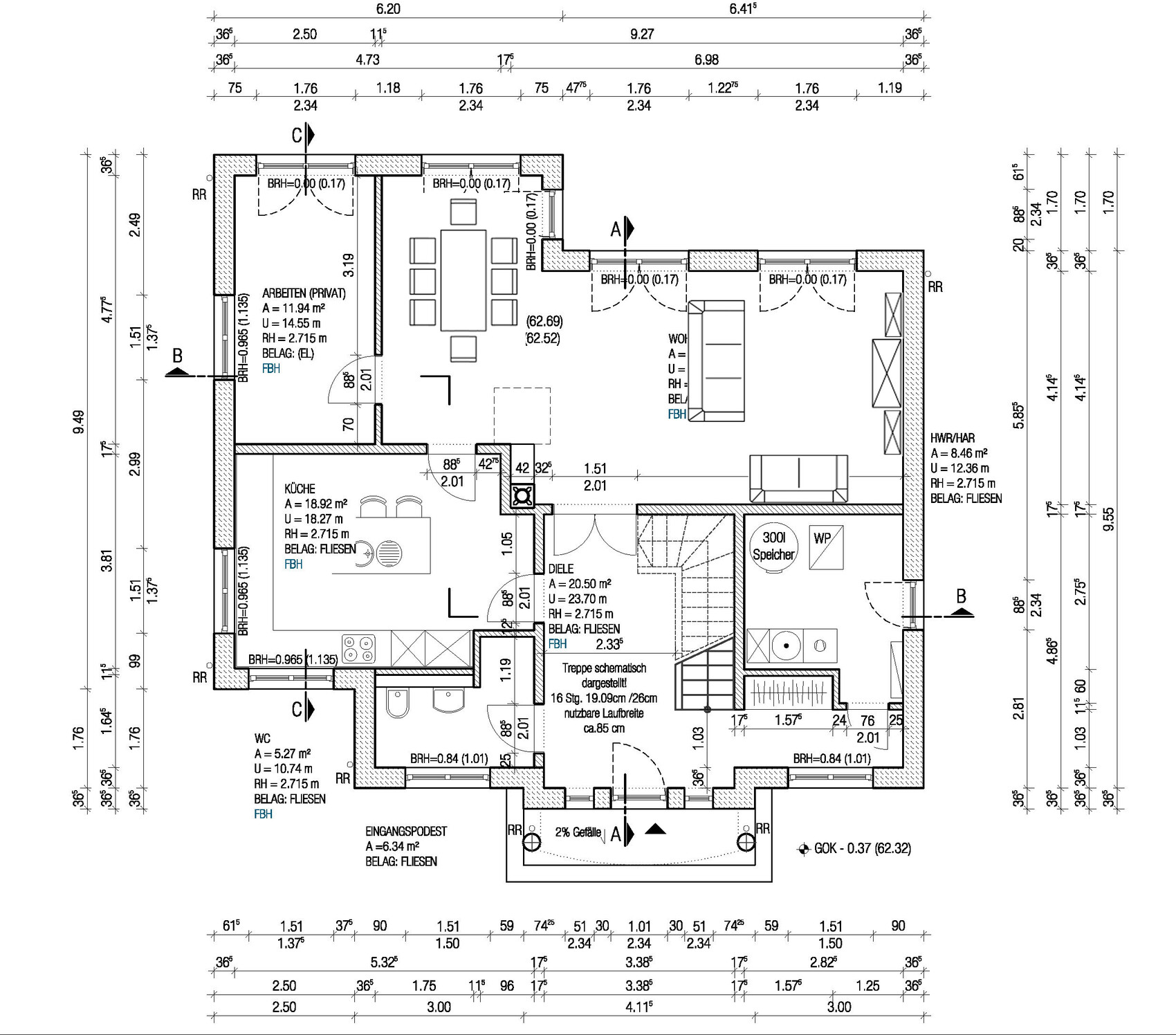 Floor plan of a residential house: kitchen, hallway, WC, living, dining, stairs, storage room.