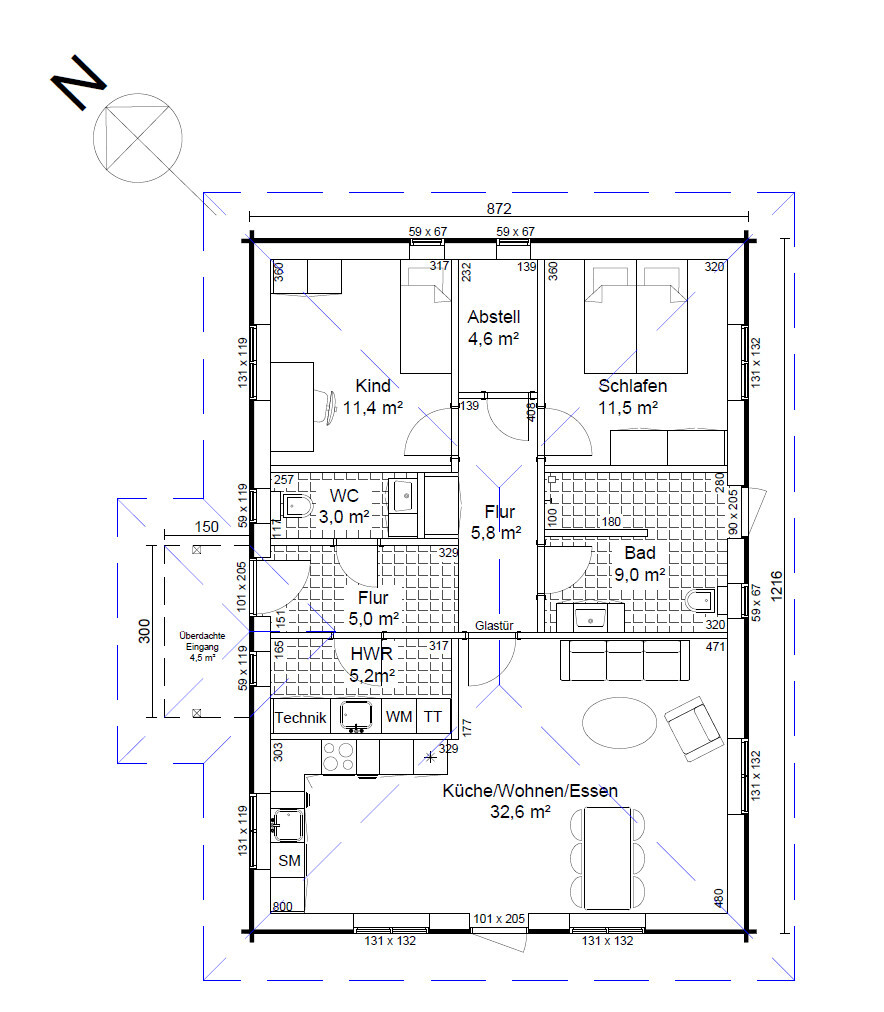 2D house floor plan with kitchen/living/dining, bedroom, bathroom and hallway