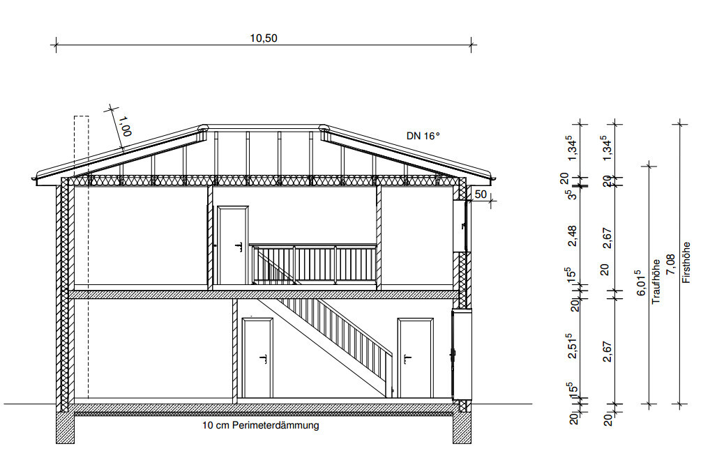 Cross-section through a multi-story house with staircase, roof structure, and insulation.